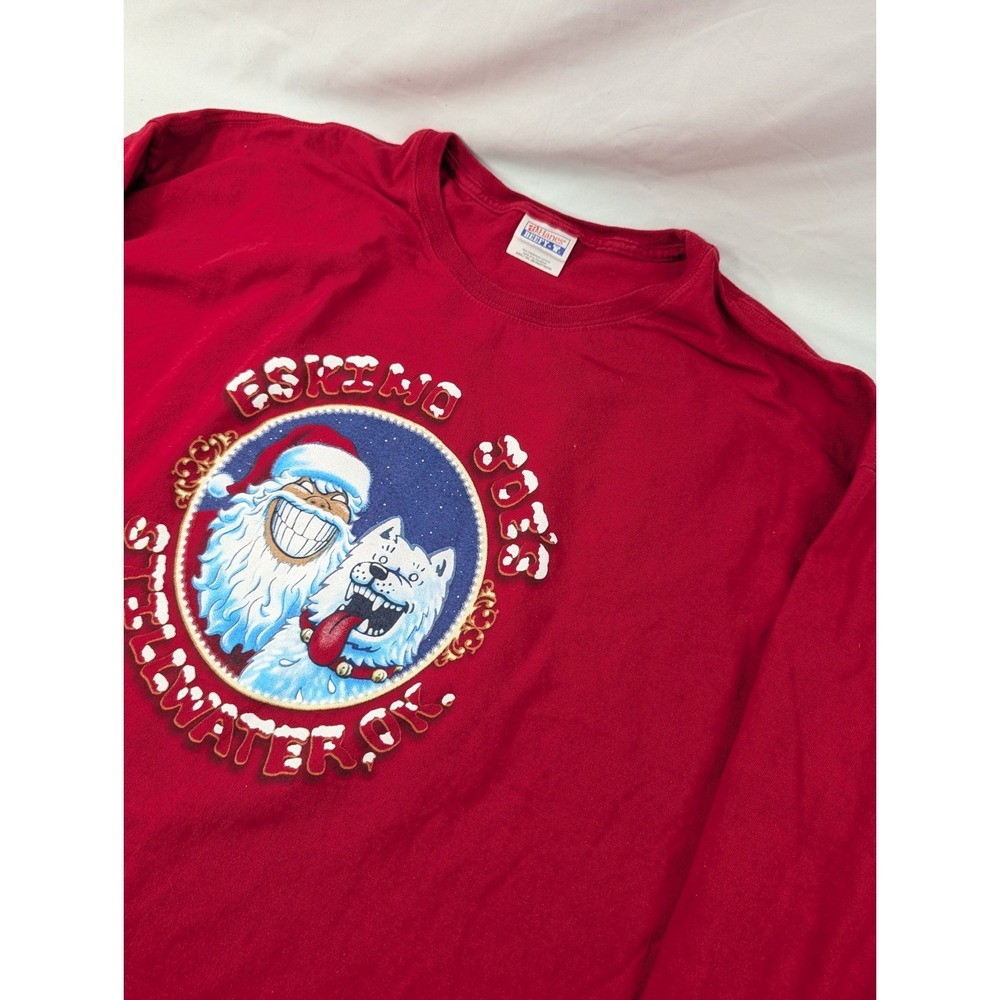 Vintage Eskimo Joes Red Long Sleeve Tshirt Santa Dog Christmas Crewneck Mens XXL